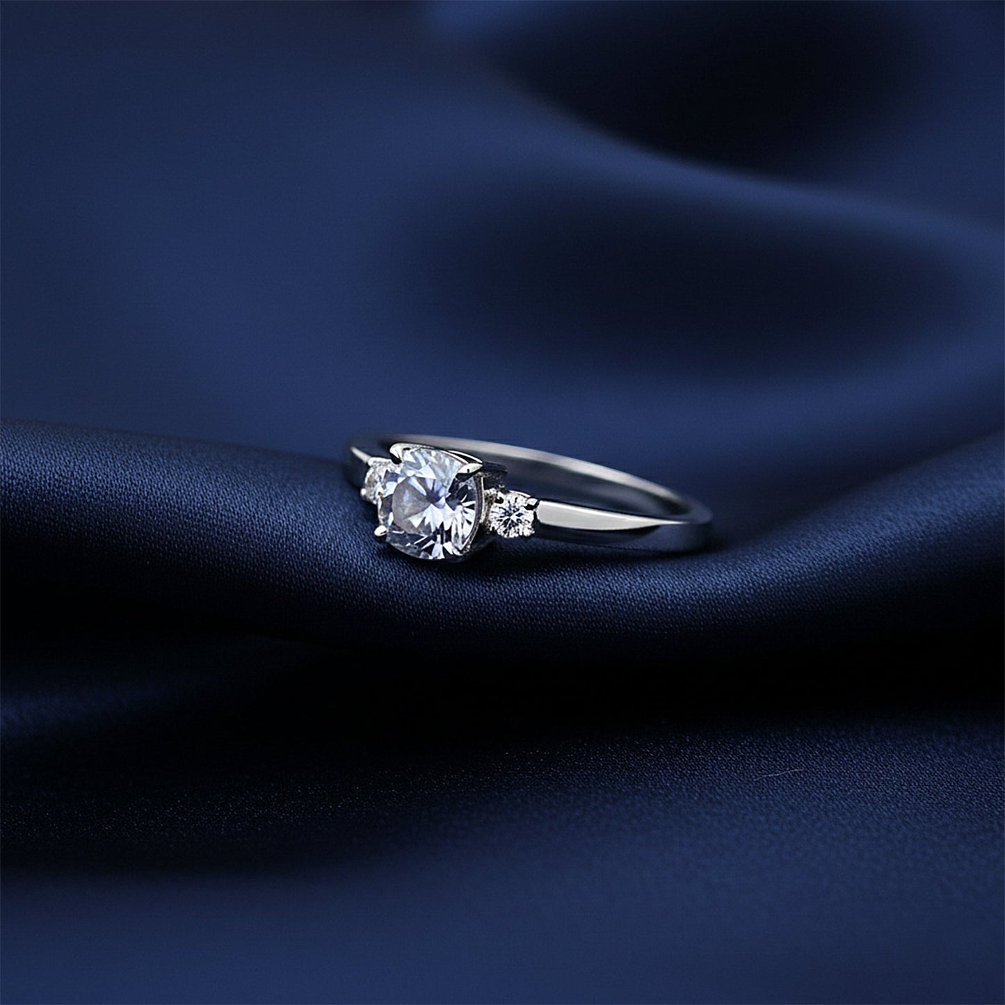 Fancy blue emerald cut lab diamond ring worn on hand, art deco styling