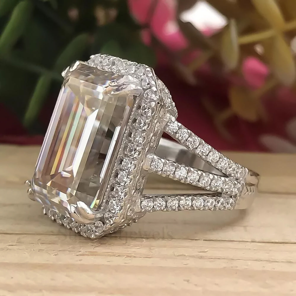 16.9ct DEW White Moissanite Emerald Solitaire Ring