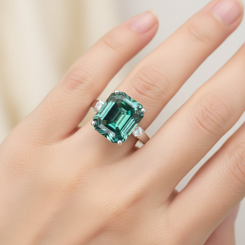 7.8ct DEW Blue Moissanite Emerald Solitaire Ring