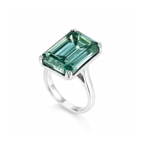 32.60 ct DEW Radiant Cut Blue Moissanite Ring 18K Gold Plated