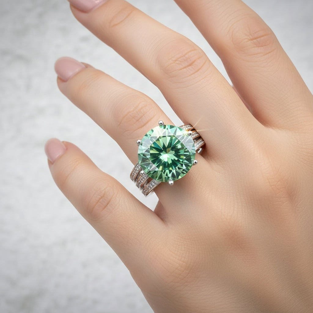 10.5ct DEW Blue Moissanite Round Solitaire Ring