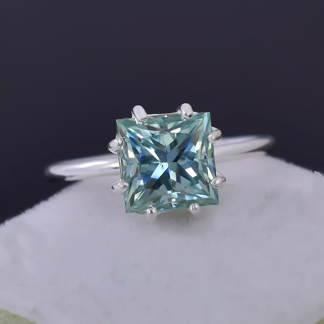 5.5ct DEW Blue Moissanite Princess Solitaire Ring