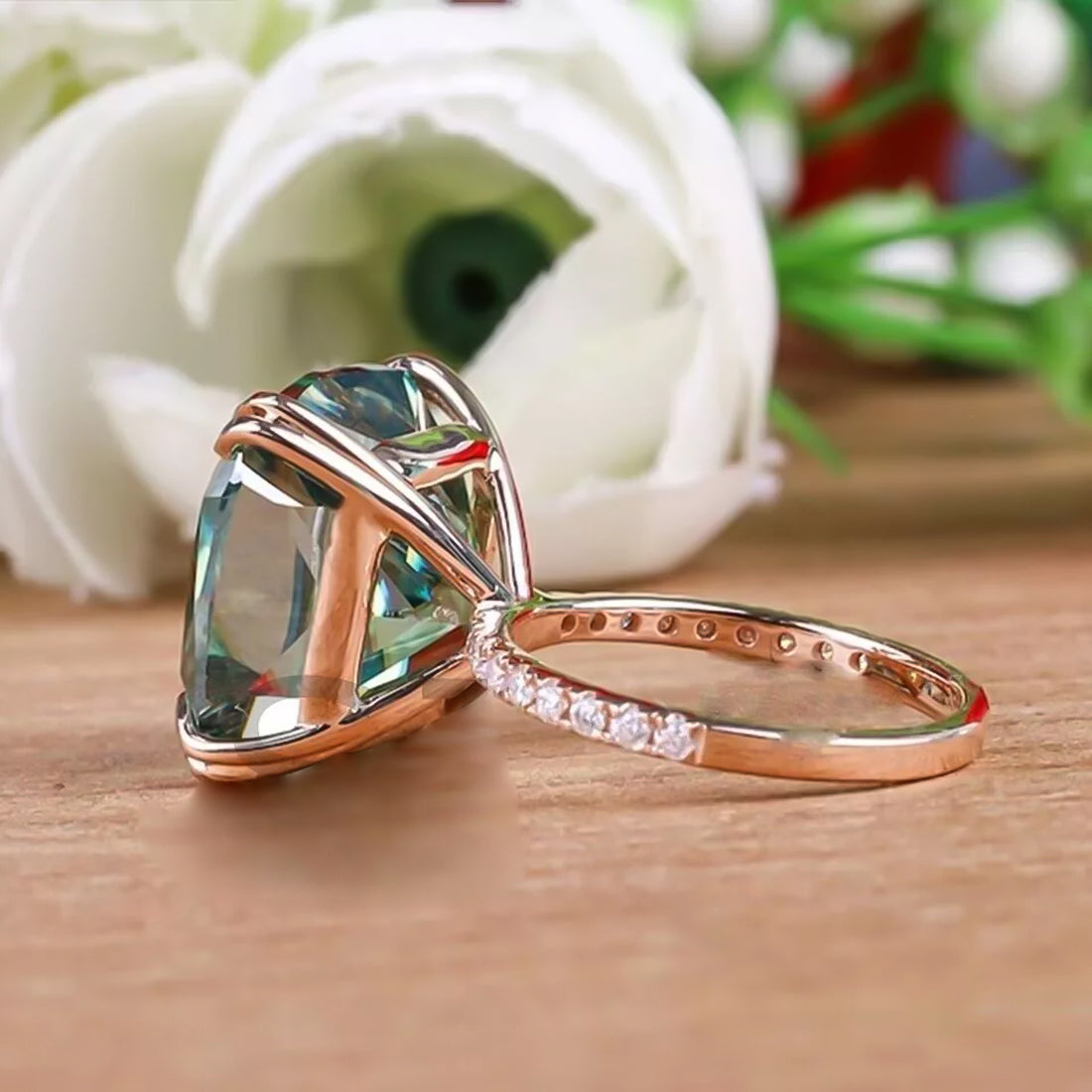 13.3ct DEW Blue Moissanite Cushion Solitaire Ring