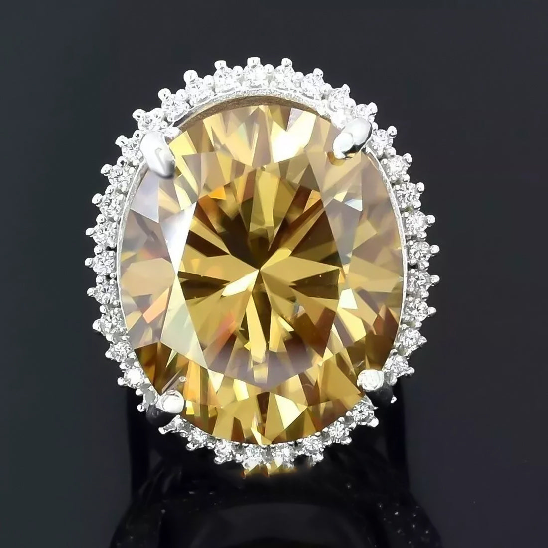 13.6ct DEW Champagne Moissanite Oval Solitaire Ring