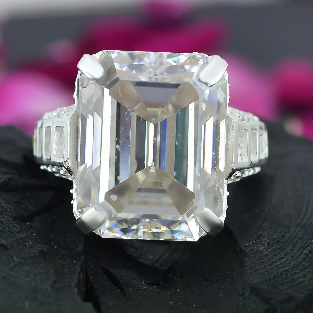 25.5ct DEW White Moissanite Emerald Solitaire Ring