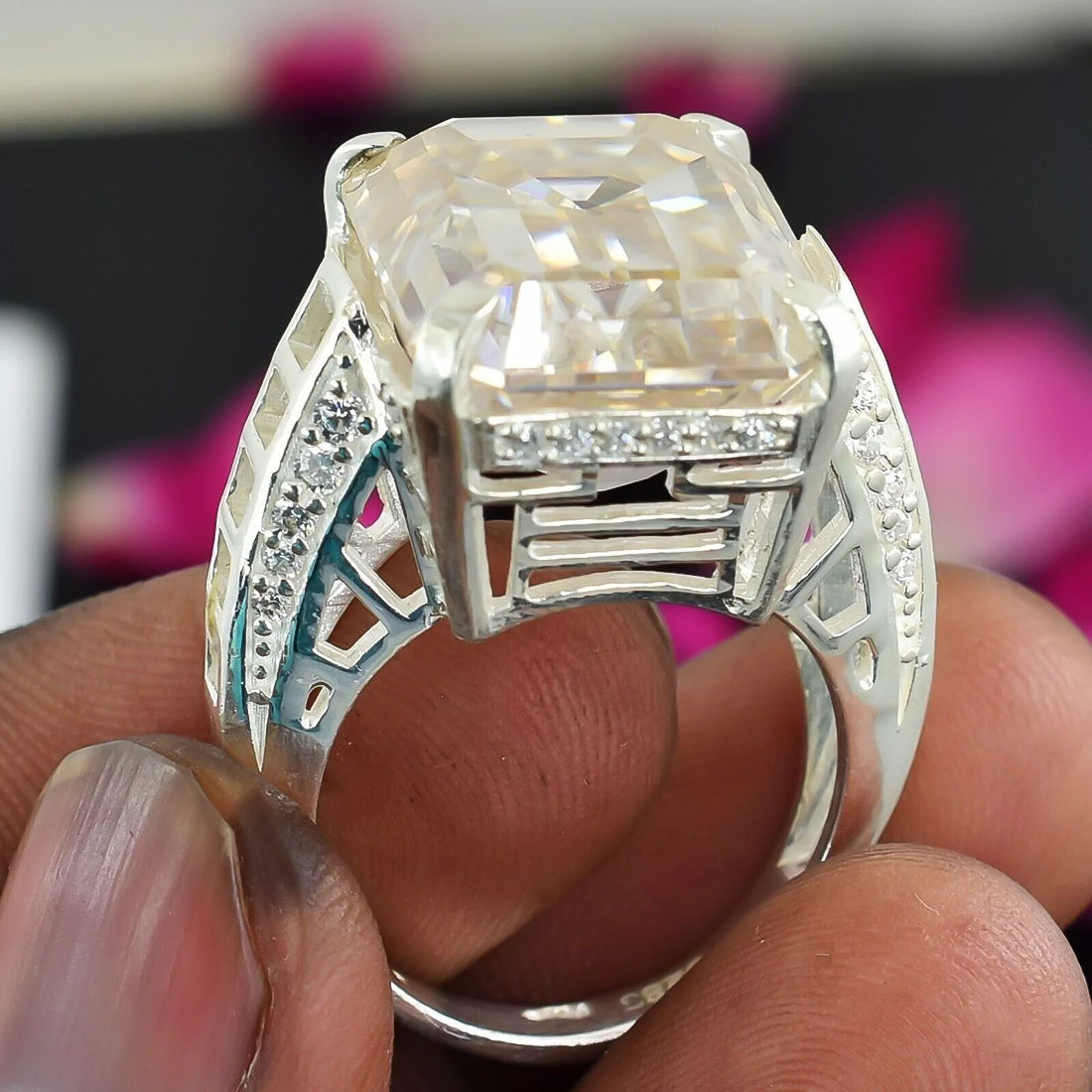 25.5ct DEW White Moissanite Emerald Solitaire Ring