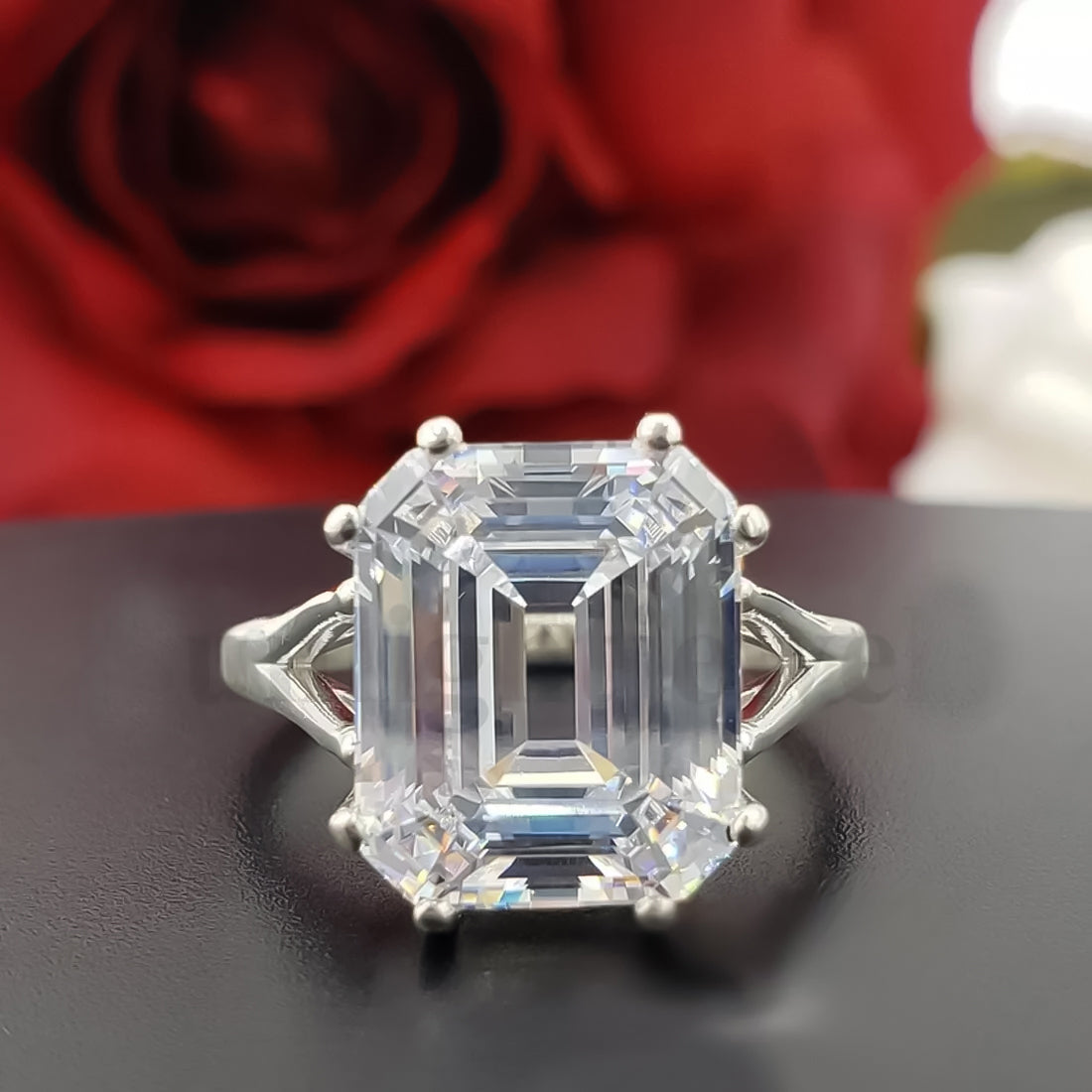 9.25ct DEW White Moissanite Emerald Solitaire Ring
