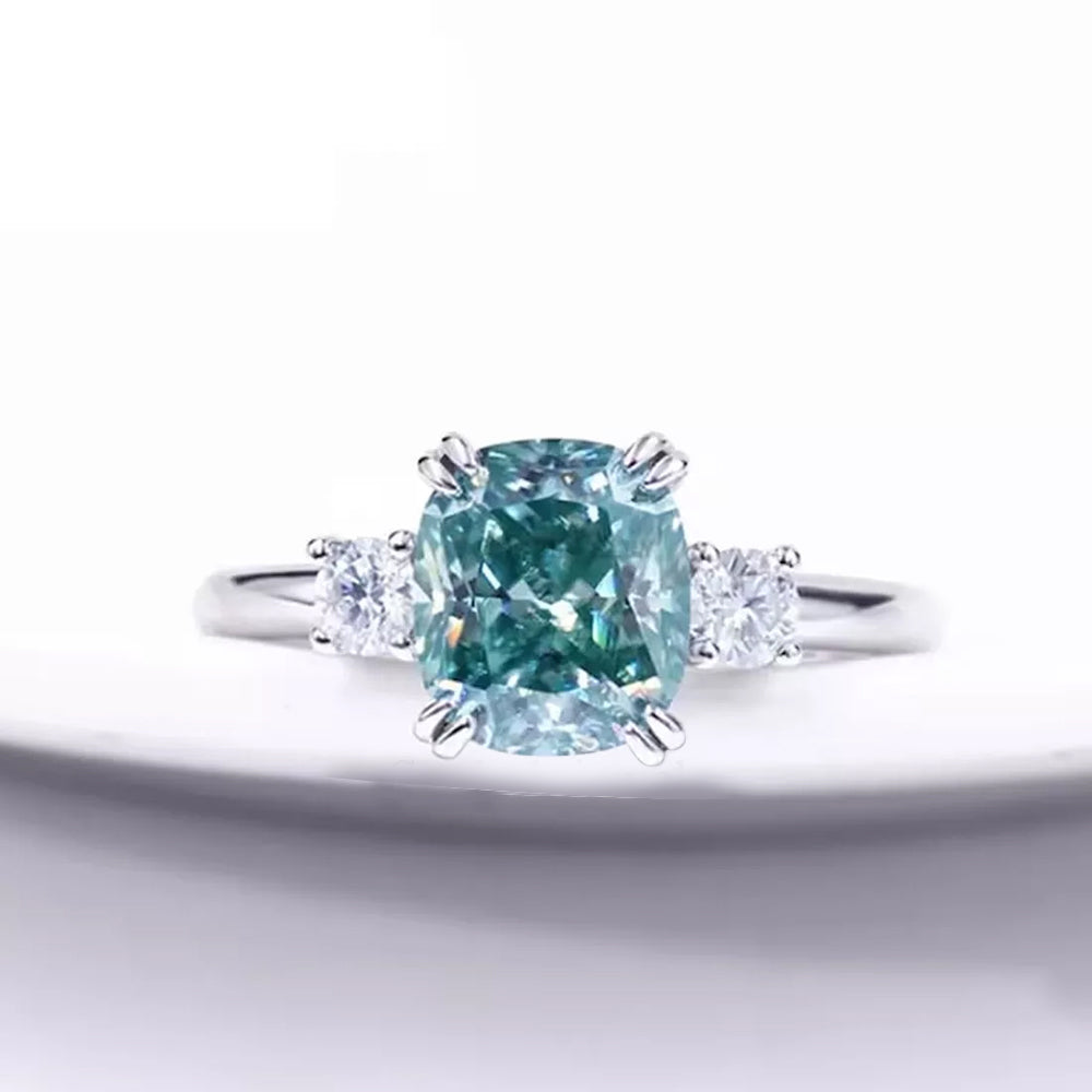 3.2ct DEW Blue Moissanite Cushion Solitaire Ring