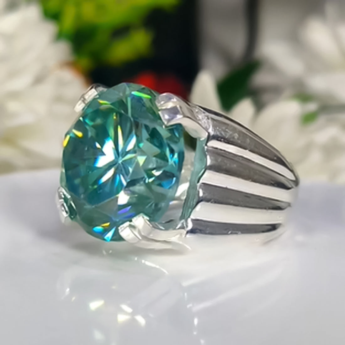 11.75 ct DEW Certified Round Cut Blue Moissanite Solitaire Ring 18K Gold Plated