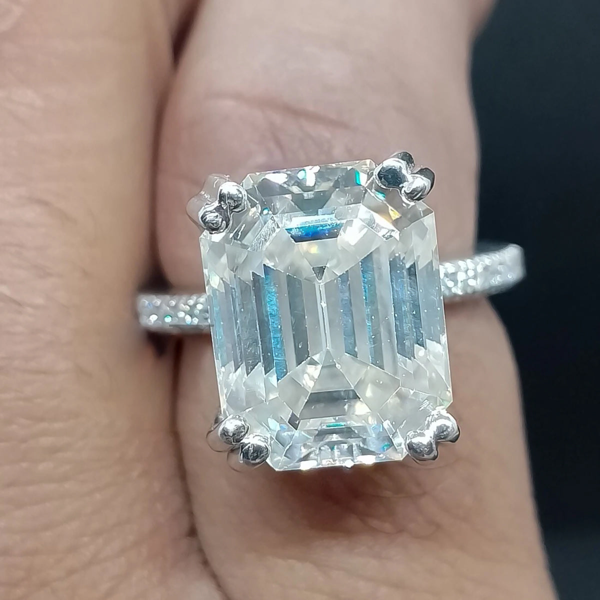 8.7ct DEW White Moissanite Emerald Solitaire Ring