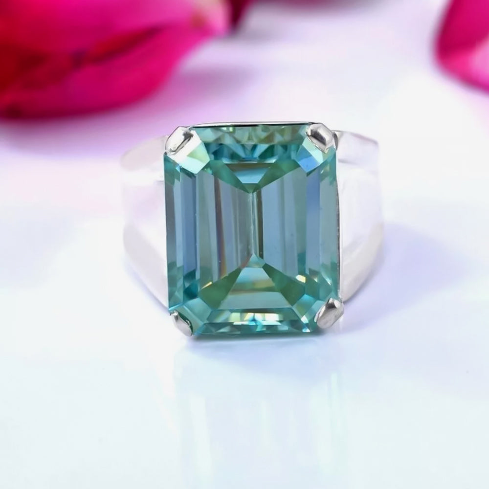 9.5ct DEW Blue Moissanite Emerald Solitaire Ring