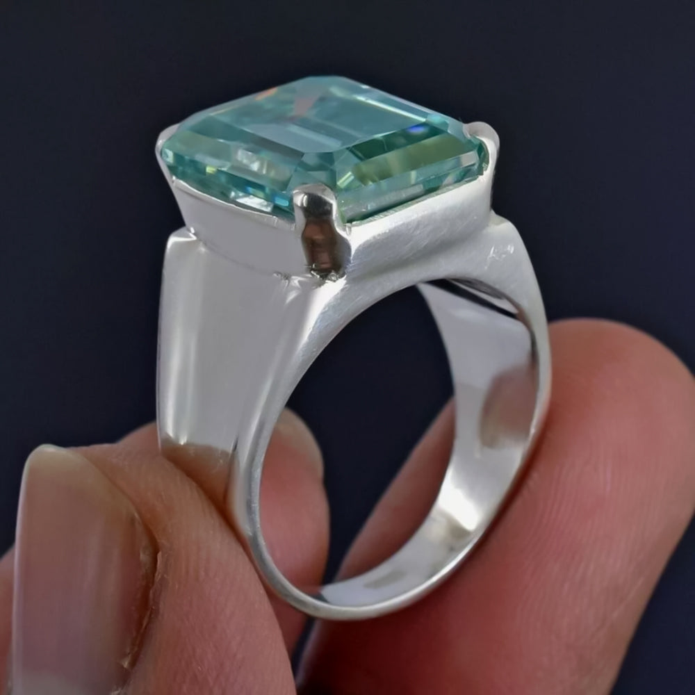 9.5ct DEW Blue Moissanite Emerald Solitaire Ring