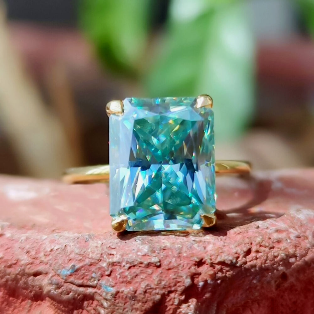 10.4ct DEW Blue Moissanite Emerald Solitaire Ring