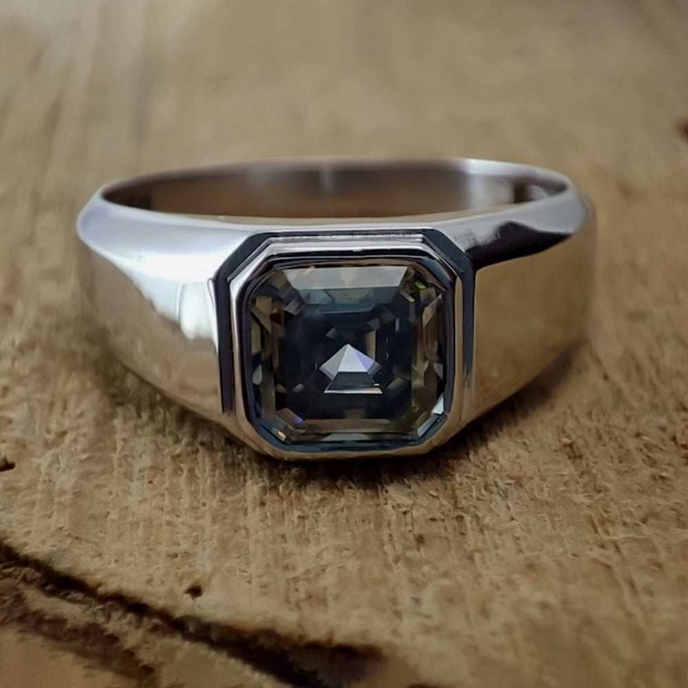 3.7ct DEW Grey Moissanite Asscher Solitaire Ring