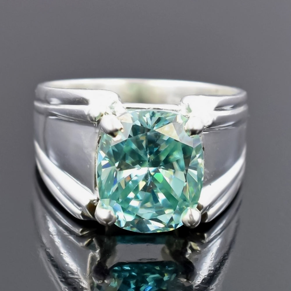 8.3ct DEW Blue Moissanite Cushion Solitaire Ring