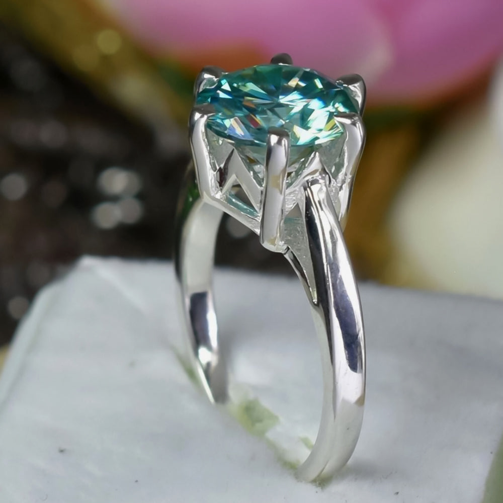 3.65 ct DEW Blue Moissanite Round Solitaire Ring - 18K Gold Vermeil on 925 Sterling Silver