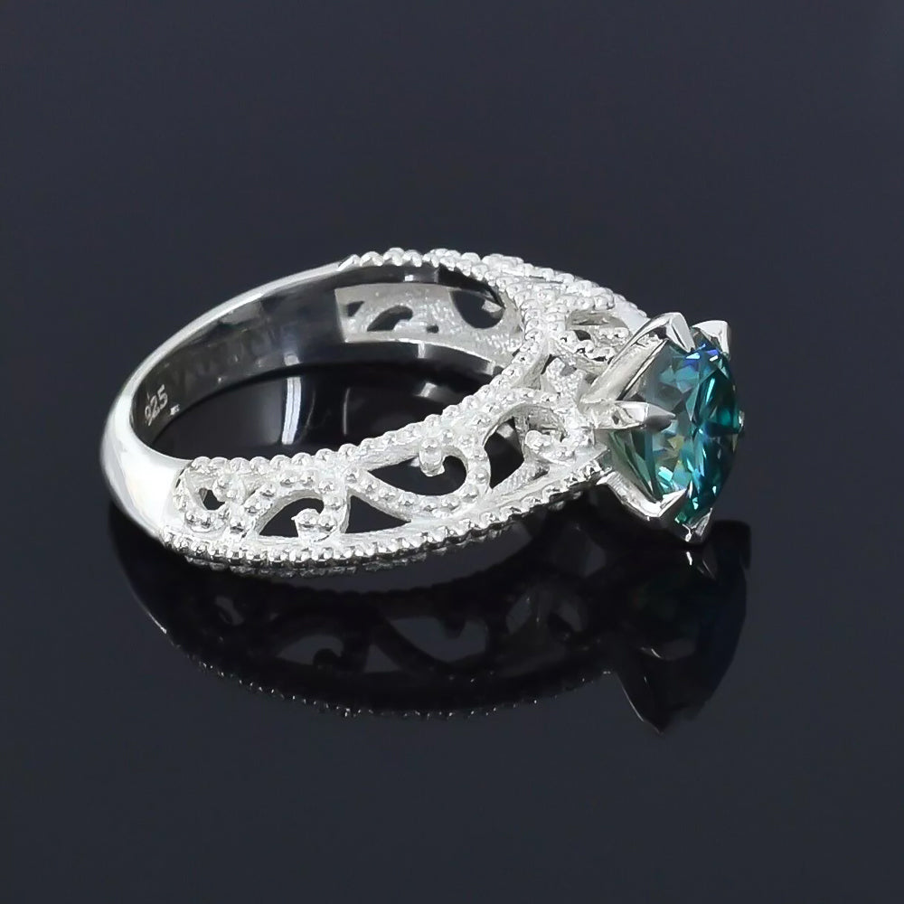 2.90ct DEW Blue Moissanite Round Solitaire Ring | 18K Gold Vermeil | GRA Certified
