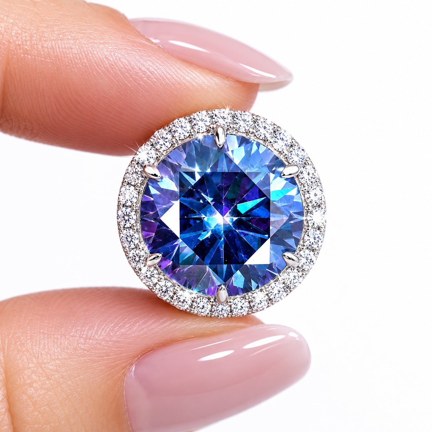 20.00ct DEW Blue Moissanite Round Pendant Necklace