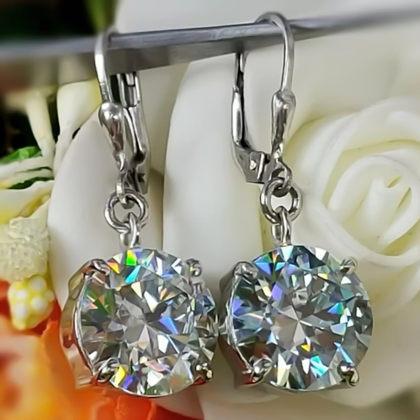 8 ct DEW Treated White Moissanite Dangler Earrings Gold Vermeil Certified Jewellery