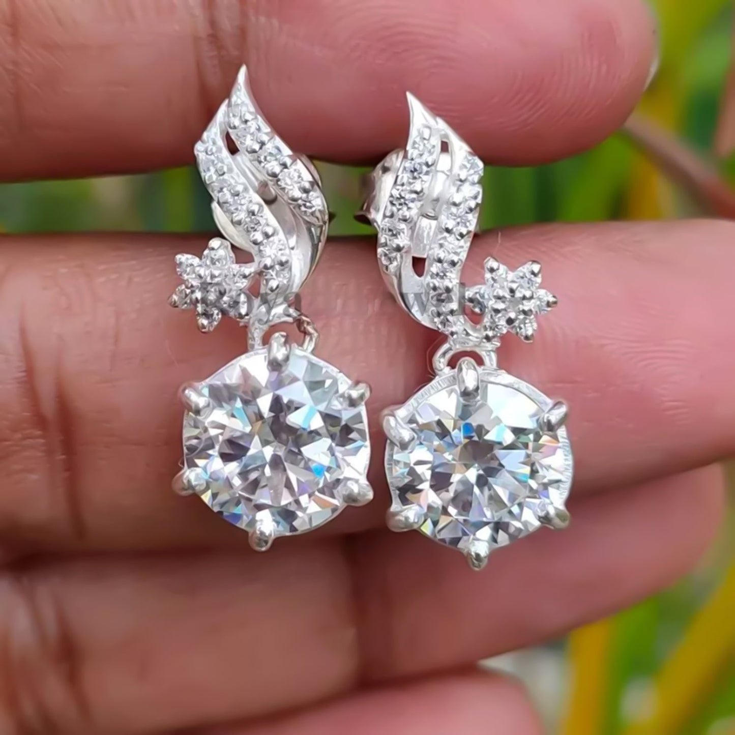5 ct DEW White Moissanite Dangler Earrings Gold Vermeil Treated Certified Stunning