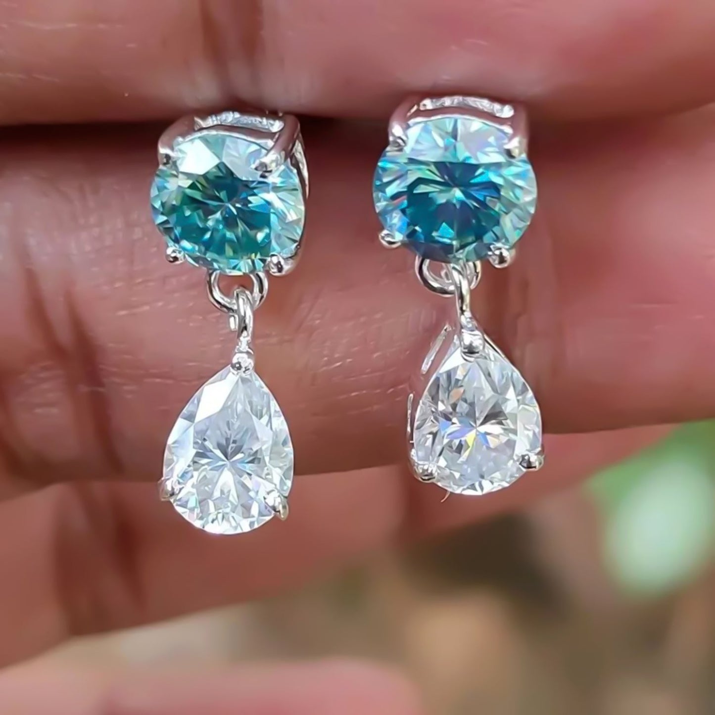 6.50 ct DEW Blue & White Moissanite Dangle Earrings Gold Vermeil – Summer Sale Gift