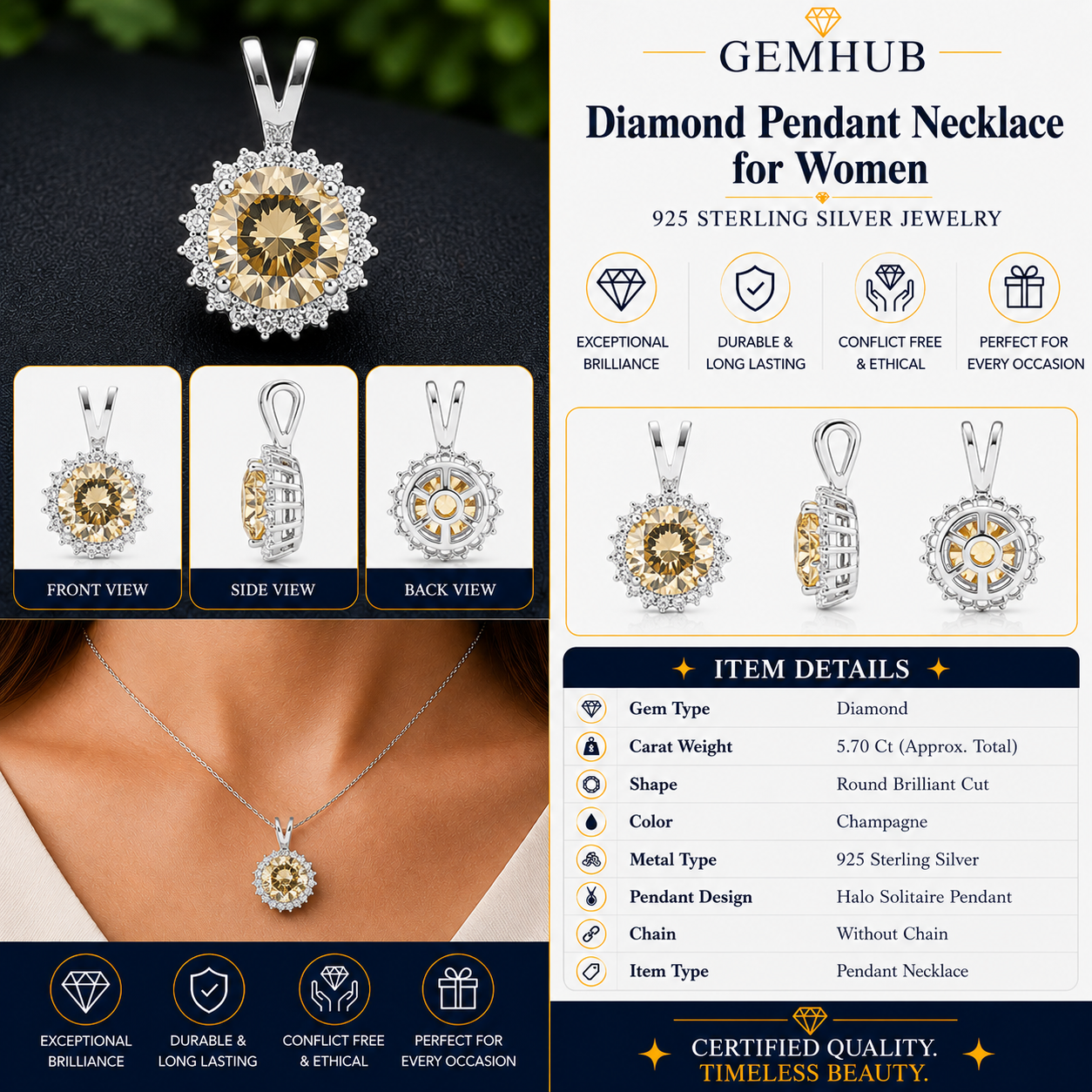 5.70 ct DEW Champagne Moissanite Pendant in Gold Vermeil Certified for Her Gift