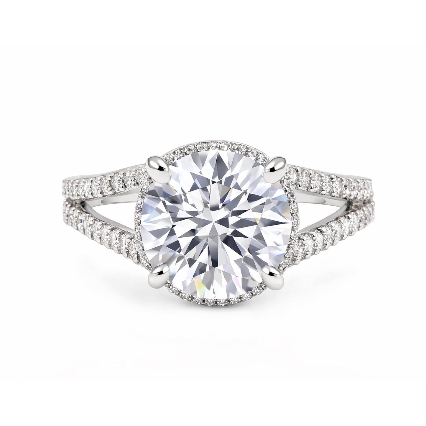 Close-up of round brilliant centre stone with pavé-set diamond accent stones
