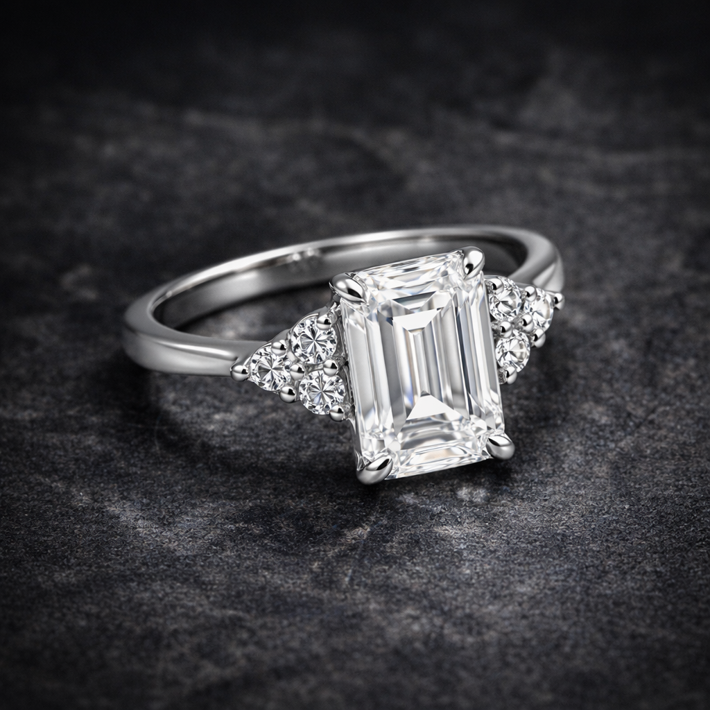 4.48 ct DEW Emerald Cut White Moissanite Solitaire Ring in – Gift Idea 18K Gold Plated 18K Gold Plated