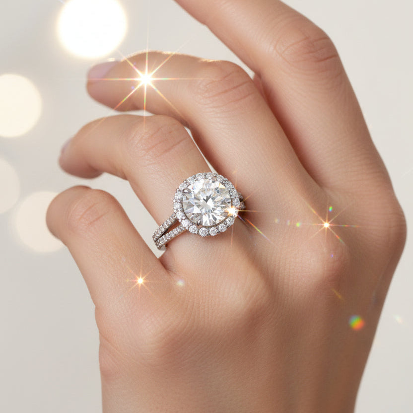 9.8ct DEW White Moissanite Round Solitaire Ring