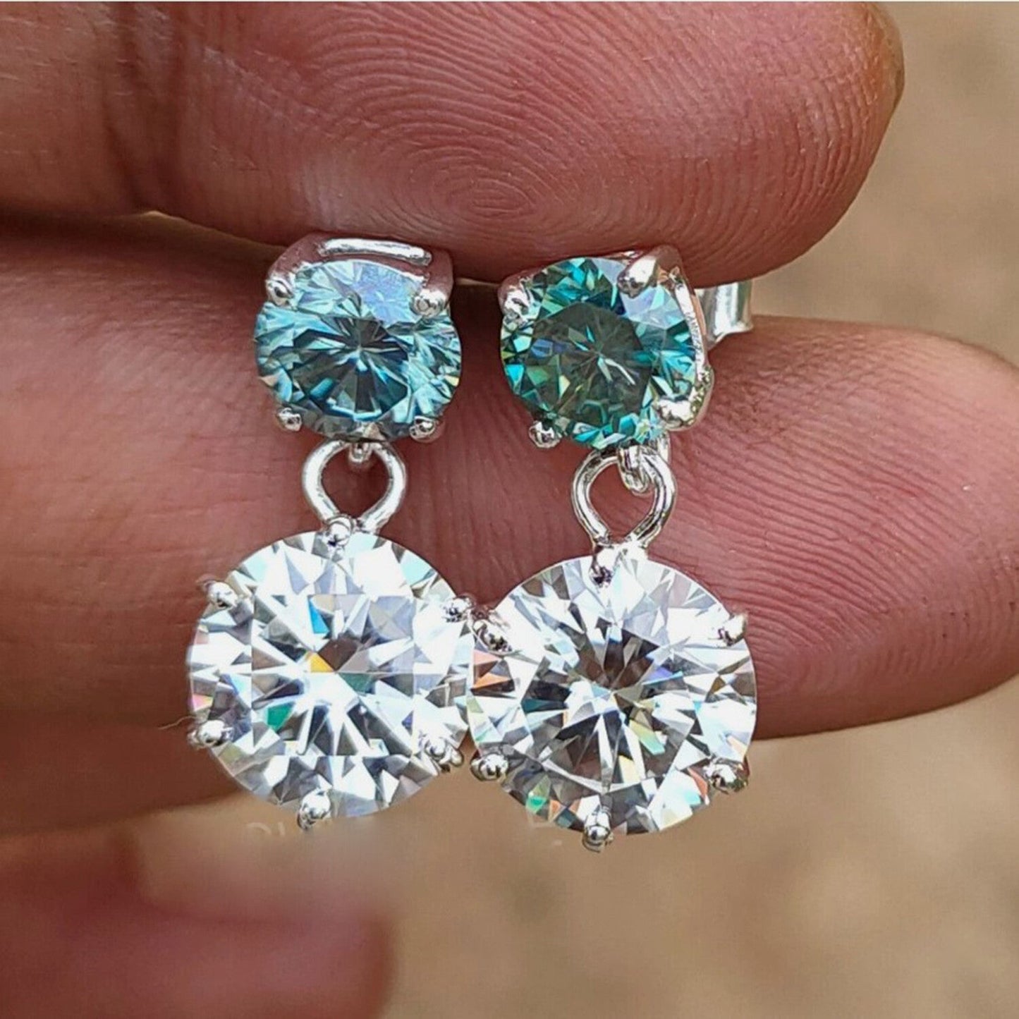 5.50 Ct Certified Blue & White Moissanite Round Cut Earrings In Gold Vermeil - GEMHUB