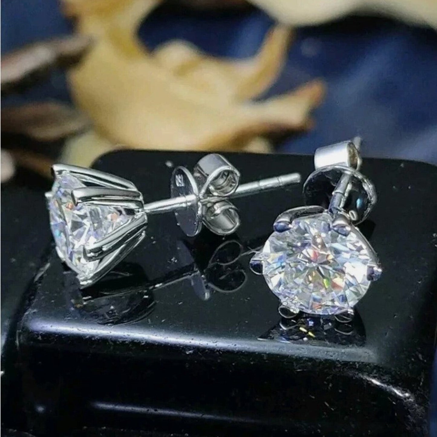 White Moissanite 10 ct DEW Round Cut Certified Earrings In Gold Vermeil