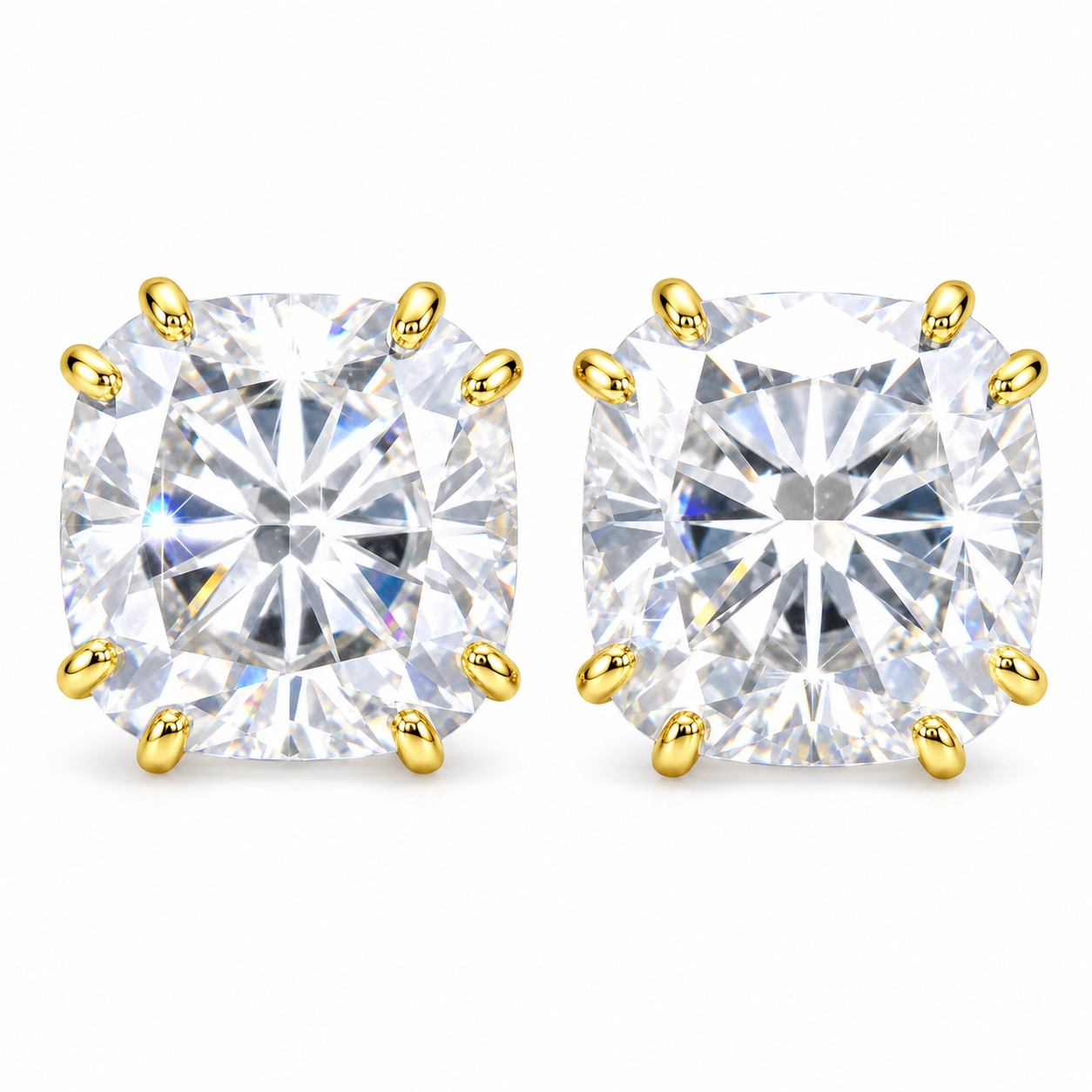 5 ct DEW Certified Cushion Cut Moissanite Solitaire Studs In Gold Vermeil
