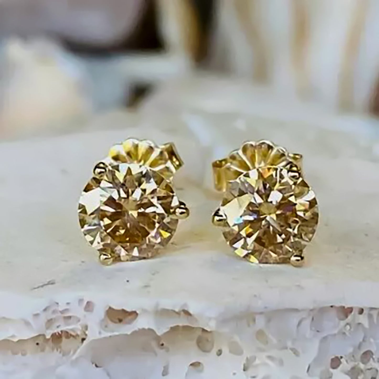 4 ct DEW Certified Champagne Moissanite Solitaire Studs In Gold Vermeil