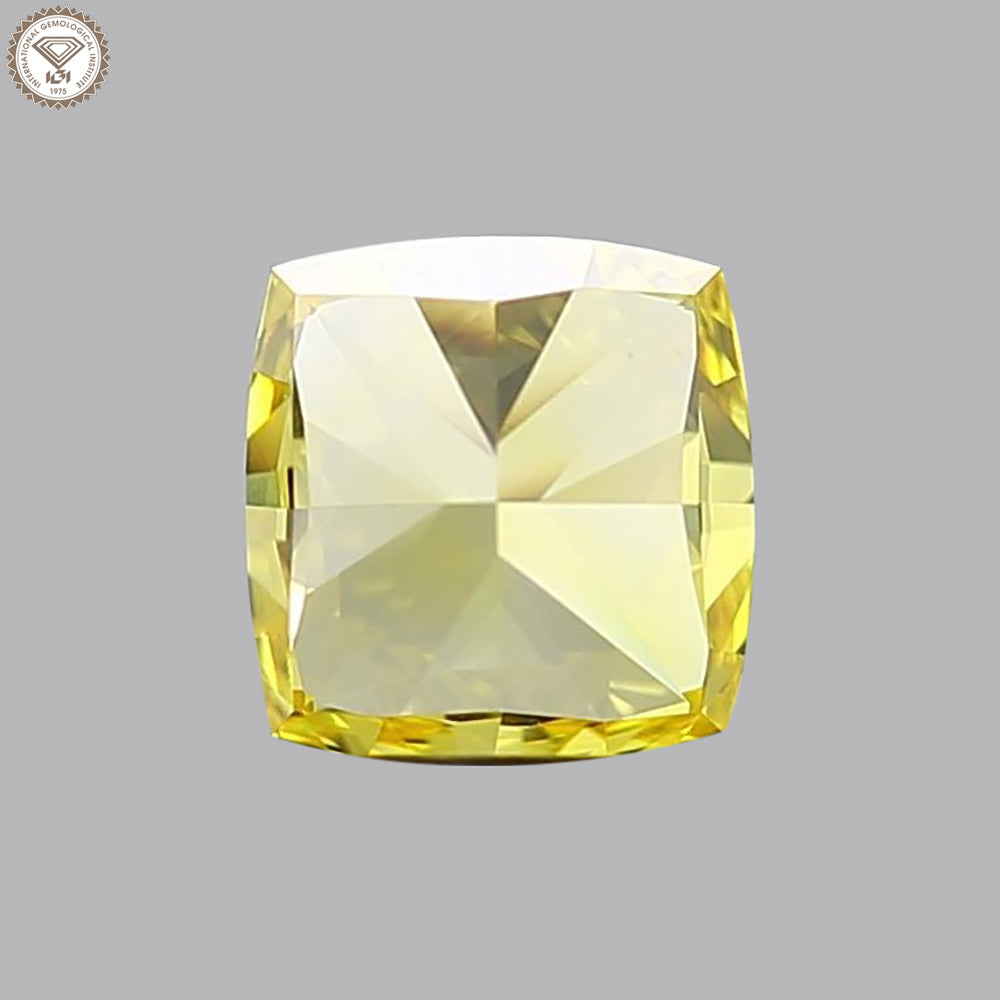 IGI Certified 1.17 Ct. Square Cushion Modified Brilliant Cut HPHT Diamond Fancy Vivid Yellow VVS2 Clarity