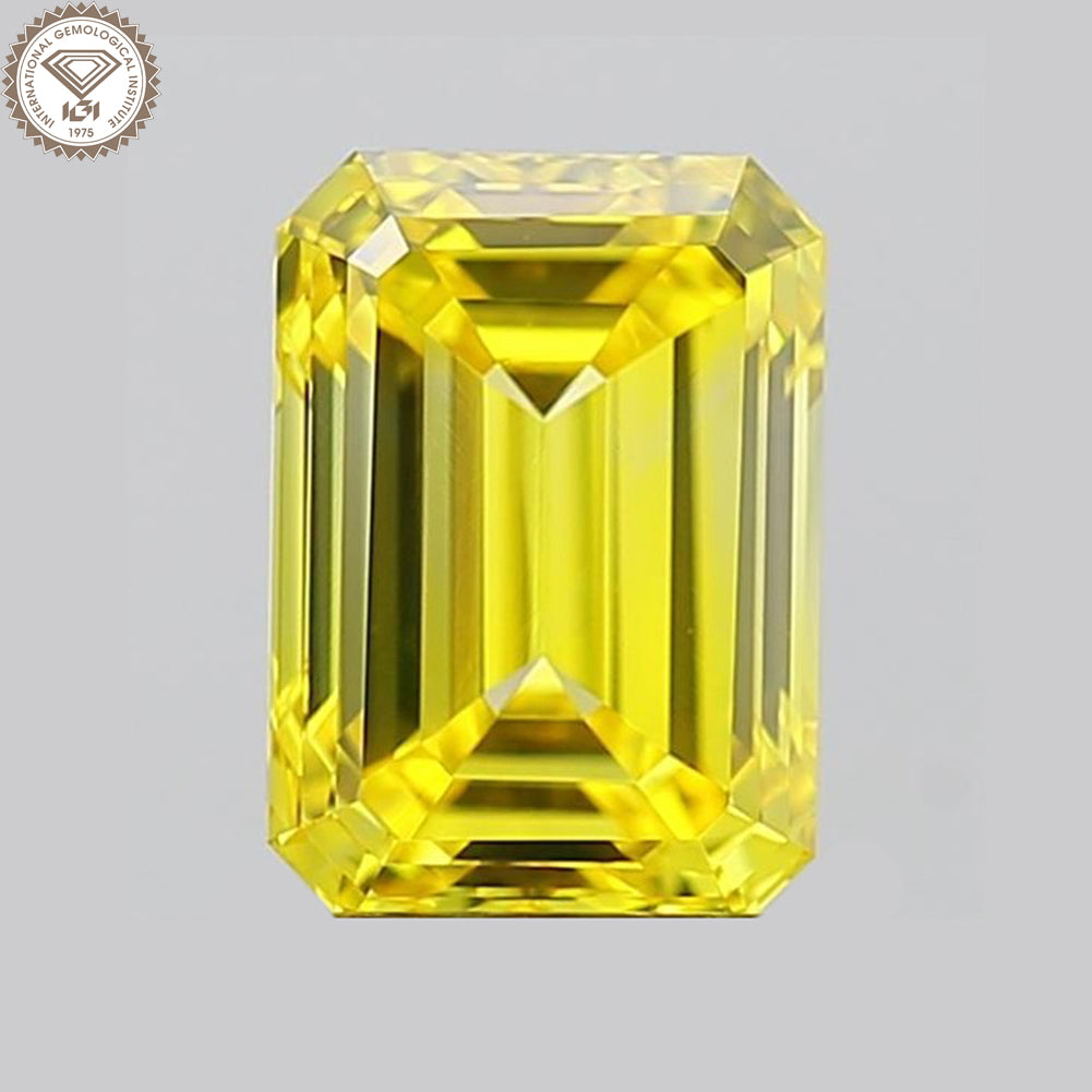 IGI Certified 1.66 Ct. Emerald Cut HPHT Diamond Fancy Vivid Yellow VS1 Clarity
