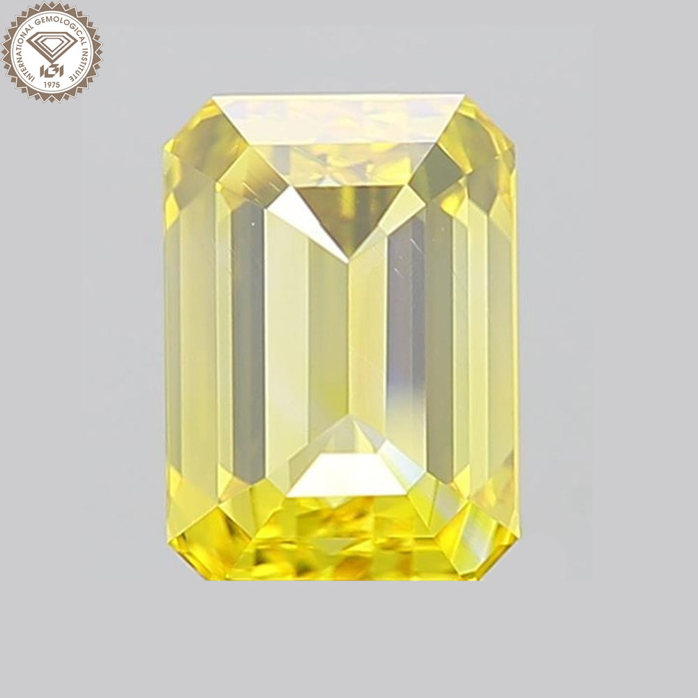 IGI Certified 1.66 Ct. Emerald Cut HPHT Diamond Fancy Vivid Yellow VS1 Clarity
