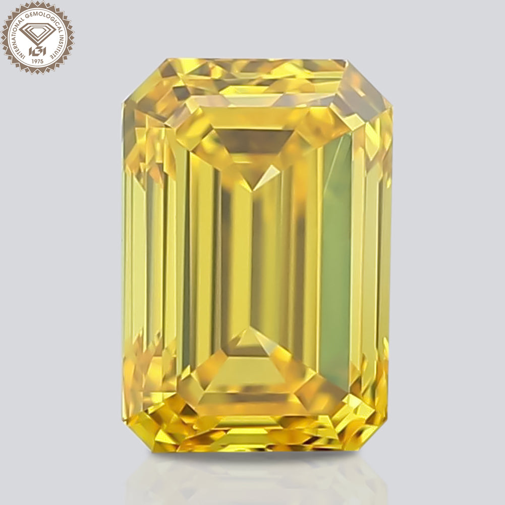 IGI Certified 2.08 Ct. Emerald Cut HPHT Diamond Fancy Vivid Yellow VS1 Clarity