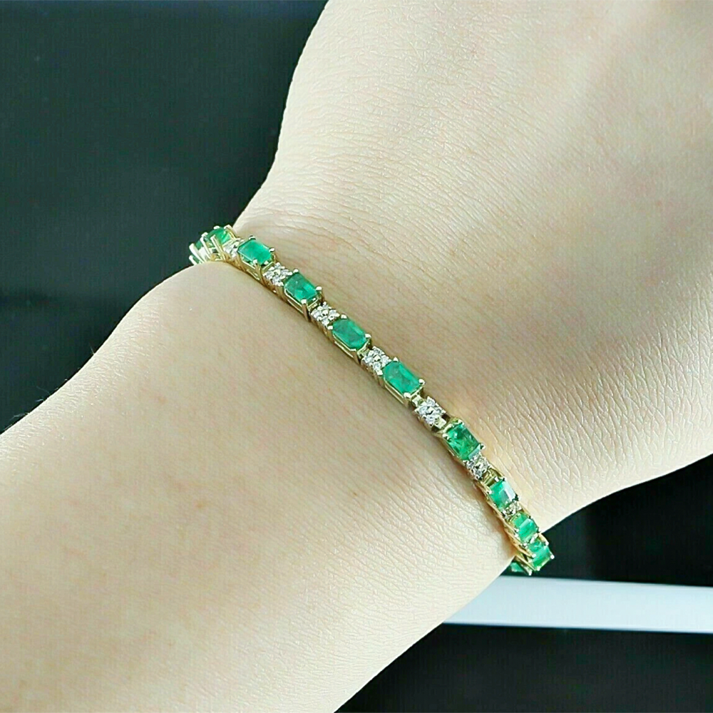 Natural Green Emerald & Diamond Women's Tennis Bracelet Solid 14k Yellow Gold - Image 3 - GEMHUB