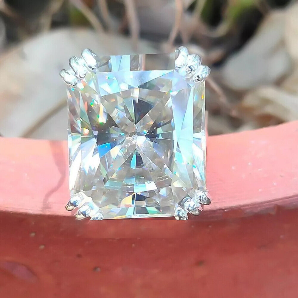 RARE 22.70 Ct Radiant Cut Off White Treated Moissanite Ring in 18K Gold Plated Verm 18K Gold Plated
