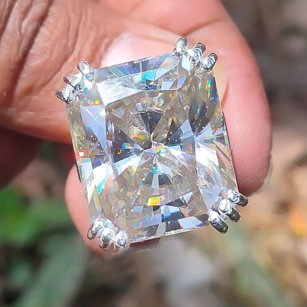 RARE 22.70 Ct Radiant Cut Off White Treated Moissanite Ring in 18K Gold Plated Verm 18K Gold Plated