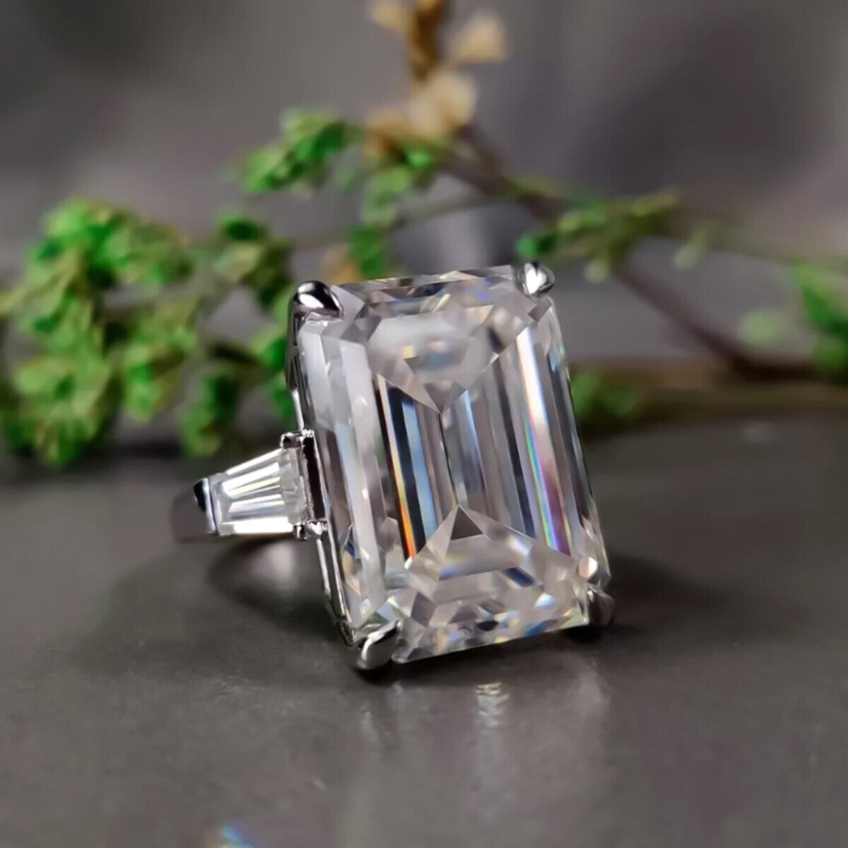 14.50 Ct EGL Certified White Emerald Cut Moissanite Ring 18K Gold Plated