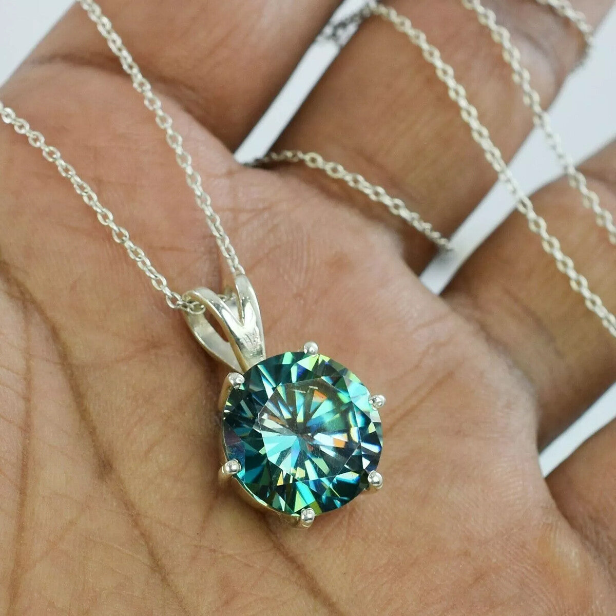 Certified 5.60 Ct Round Cut Blue Moissanite Solitaire Pendant Gold Vermeil - GEMHUB