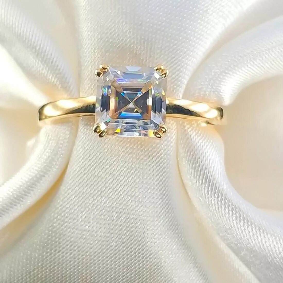 2.40 Ct Certified Asscher Cut Off White Moissanite Ring 18K Gold Plated
