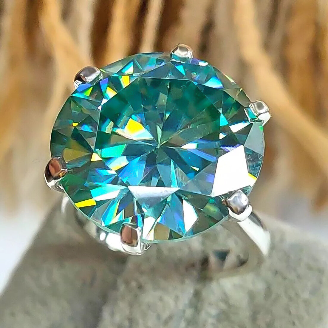 17.2 Ct Certified Round Cut Blue Moissanite Gold Vermeil Solitaire Ring - View 2 - GEMHUB