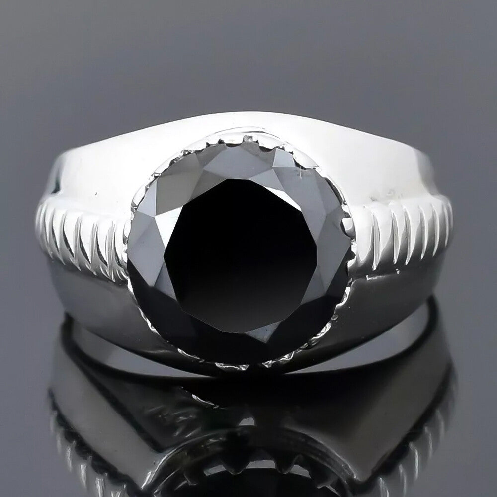 5.20 Ct Certified Round Cut Black Moissanite Gold Vermeil Ring For Engagement - GEMHUB