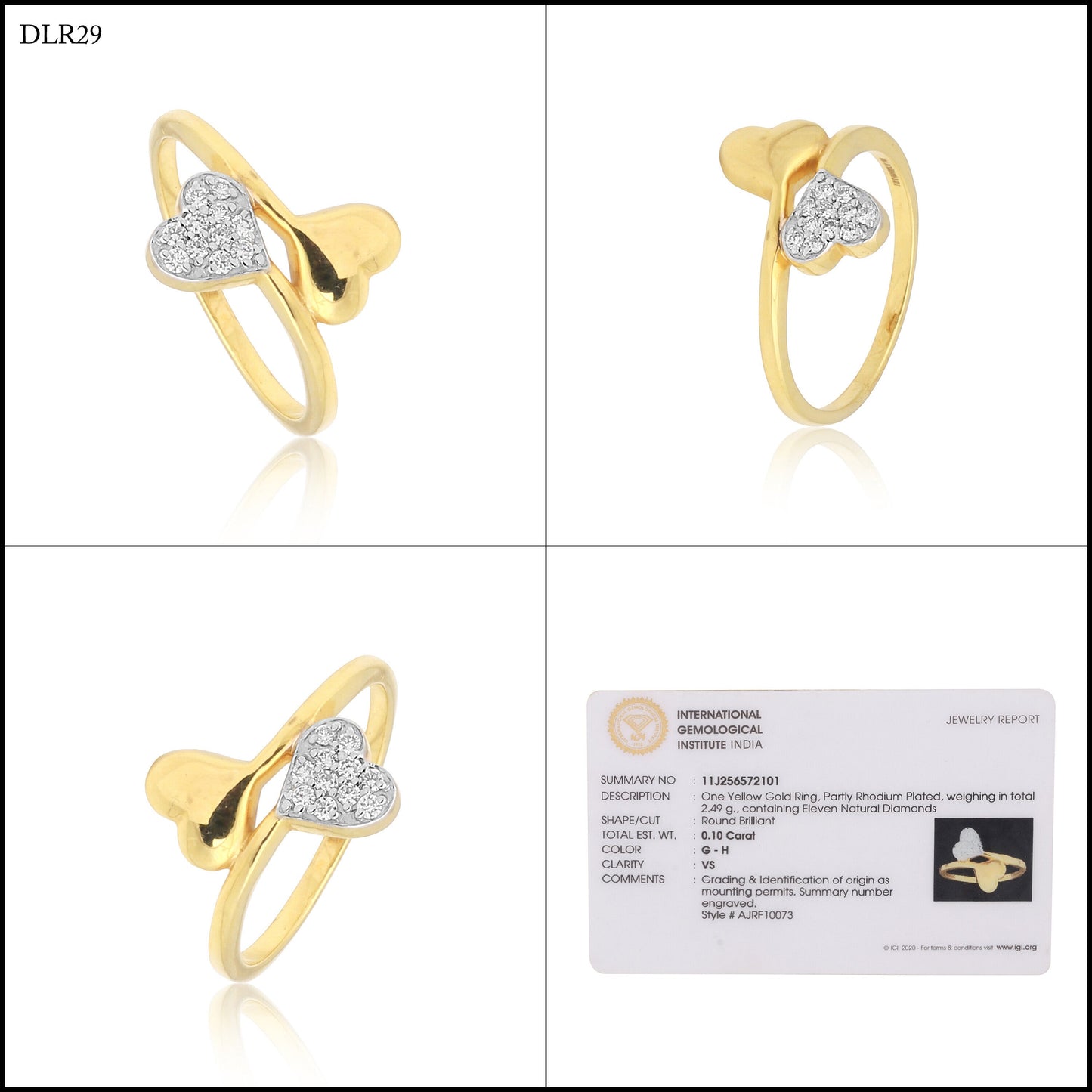 0.10 Ct. IGI Certified Natural Diamond 18k Heart Cross Over Yellow Gold Ring - view 8