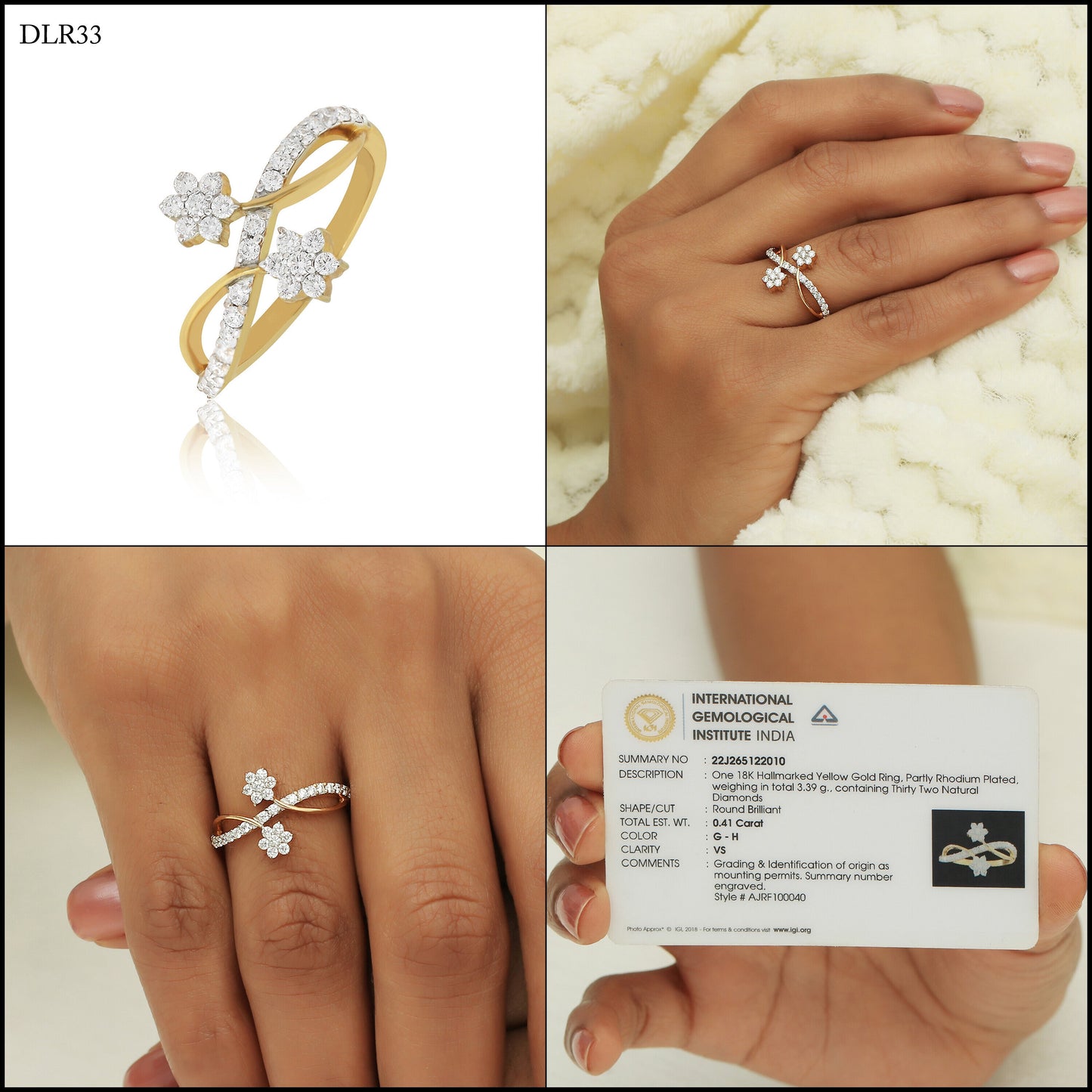 0.16 Ct. IGI Certified Natural Diamond 18k Yellow Gold Floral Bypass Ring - view 8