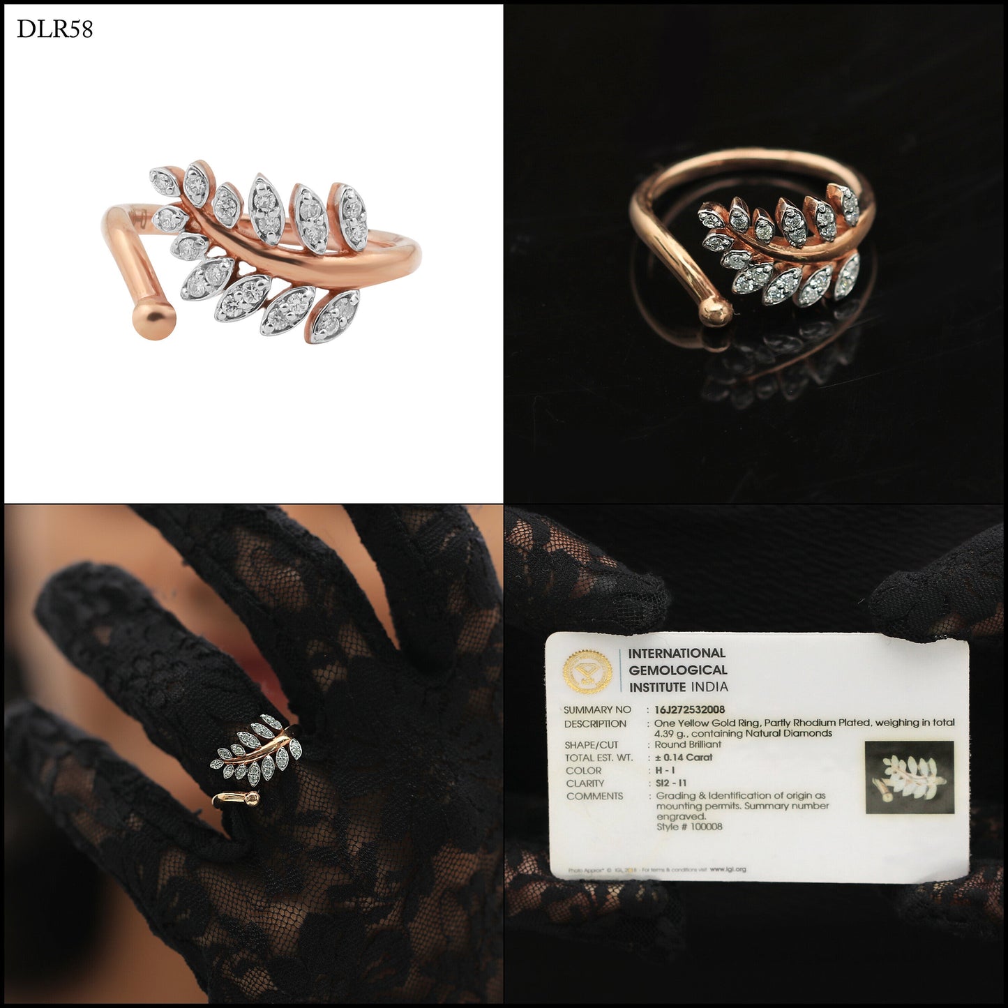 0.14 Ct. 18k Rose Gold Diamond Leaf Ring - IGI Certified Nature-Inspired Band - view 12