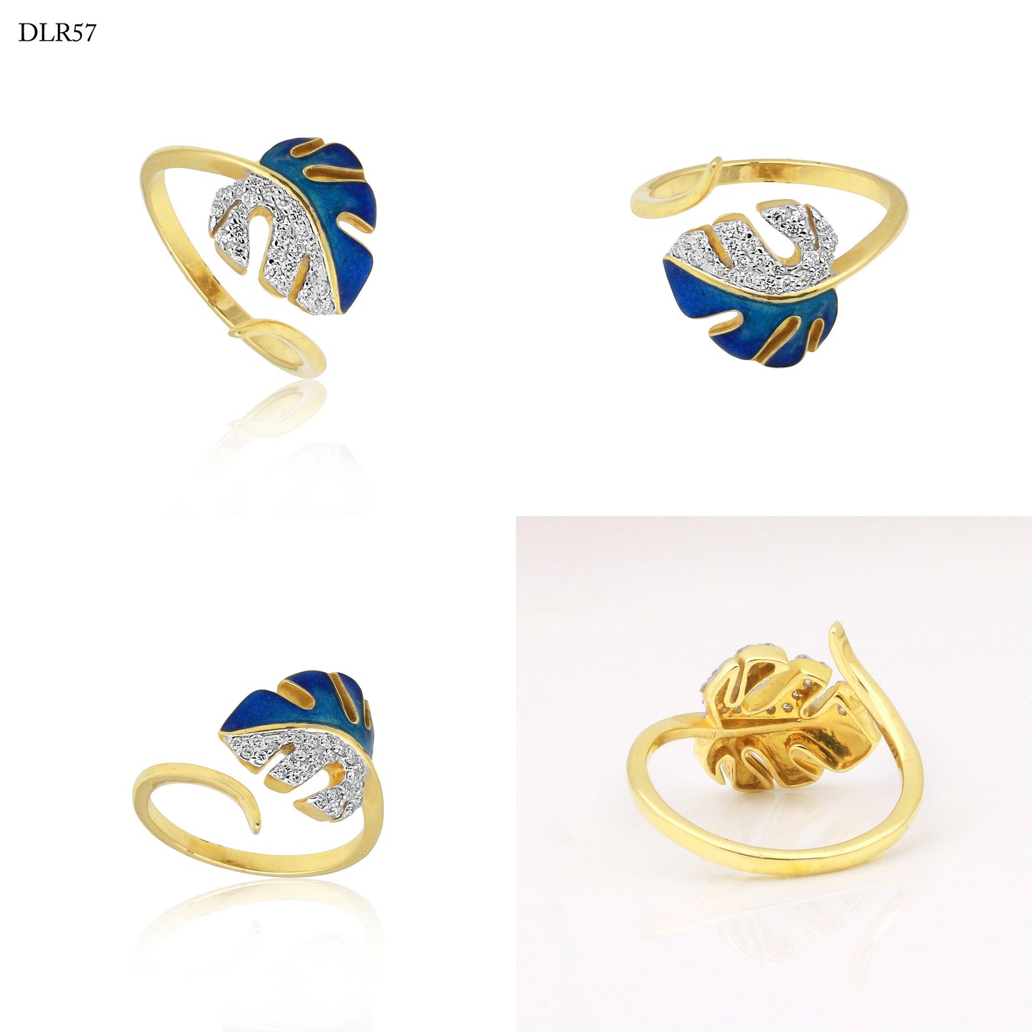 0.22 Ct. IGI Certified 18K Yellow Gold Blue Enamel Diamond Monstera Leaf Ring - view 7