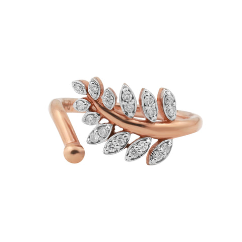 0.14 Ct. 18k Rose Gold Diamond Leaf Ring - IGI Certified Nature-Inspired Band